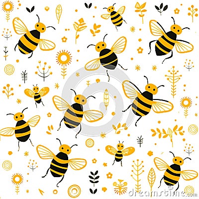 pattern of bees in yellow and flowers on a brown background Cartoon Illustration