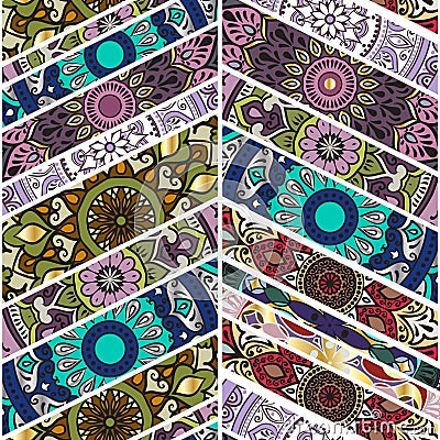 Pattern from beveled rectangles with mandala Vector Illustration