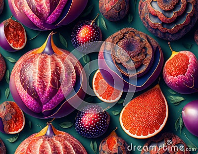 Pattern of biomorphic fruit , insane detail, intricate, Digital painting, background, AI generated. Stock Photo