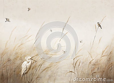 pattern bird egrets and butterflies sparrow perches on dry gold Pampas grass in the wind with white background. Stock Photo