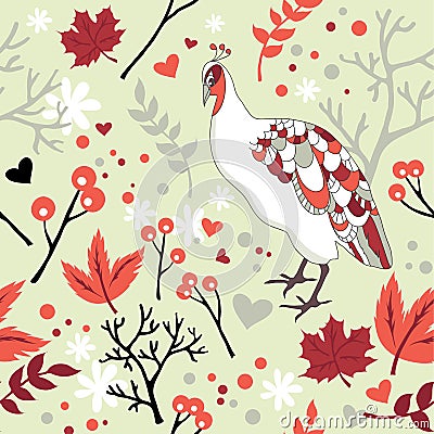 Pattern with bird and flowers. Vector Illustration