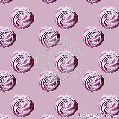 Pattern with Bizet cakes.Pink color, powdered sugar. The view from the top Stock Photo