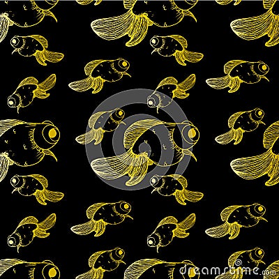 Pattern on a black background goldfish gold lines different sizes Cartoon Illustration