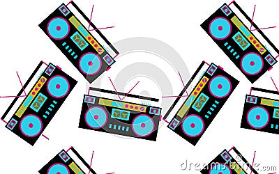 Pattern of black and blue, colored, hipster, beautiful, vintage retro audio tape recorders from the 80`s and 90`s scattered in d Cartoon Illustration