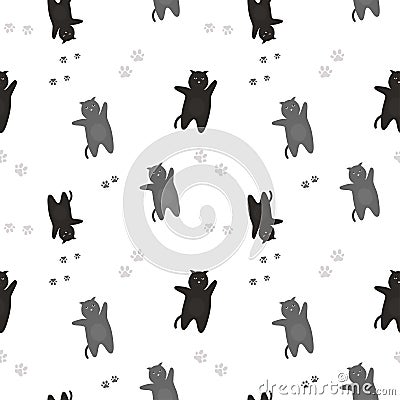 The pattern of black and gray cats with traces of feet. On a white background Vector Illustration