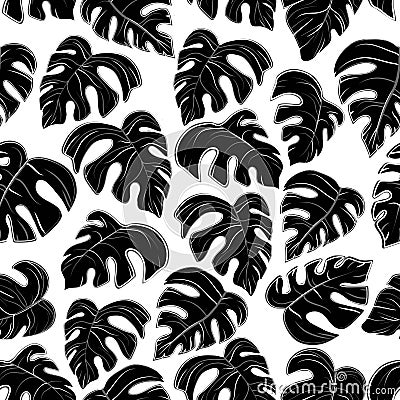 pattern of black palm leaves on white background Cartoon Illustration