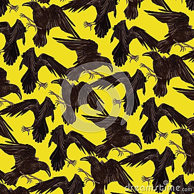 Pattern with black ravens. Vector Illustration