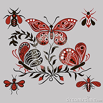 Pattern with black and red butterflies Vector Illustration