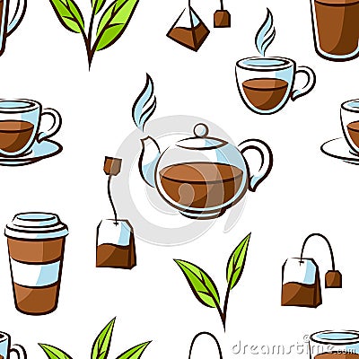Pattern with black tea items. Background with tea and accessories, packs and kettles. Vector Illustration
