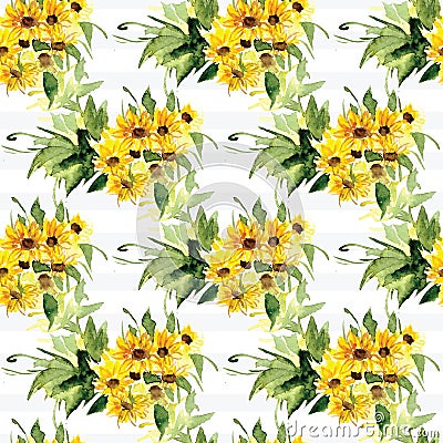 The pattern of blooming yellow flowers sunflower painted in watercolor Stock Photo