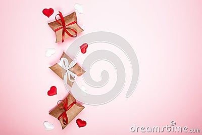 Pattern on a blue background. Gift boxes and hearts. Blank for greeting card. Valentine`s Day, Mother`s Day, March 8 Day Stock Photo