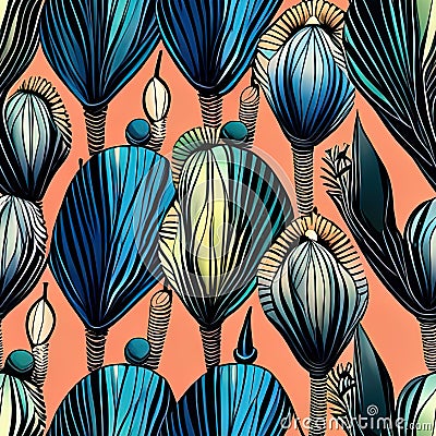 a pattern of blue and green flowers on an orange background, art nouveau alien botanicals Stock Photo