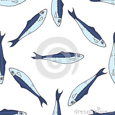 a pattern of blue sardines. Seamless drawing of a hand-drawn sketch of a small sardine fish, blue-gray with a blue Vector Illustration