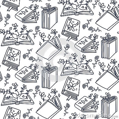 A pattern from books in a contour with elements of plants coming out of books. Open, closed books, a stack of books in the style Vector Illustration