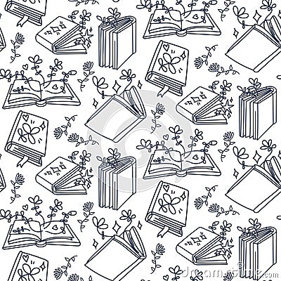 A pattern from books in a contour with elements of plants coming out of books. Open, closed books, a stack of books in the style Stock Photo