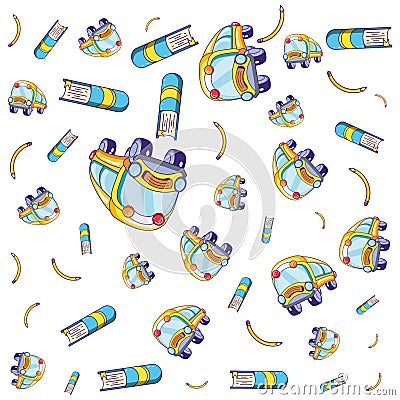 pattern of books with pencils and bus transportation Cartoon Illustration