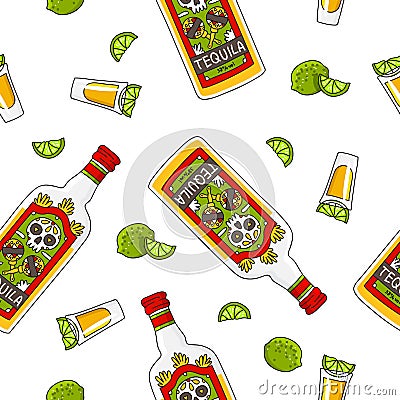 Pattern of a bottle of tequila and lime Vector Illustration