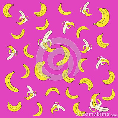 Pattern with bright, ripe banans. Pink background Cartoon Illustration