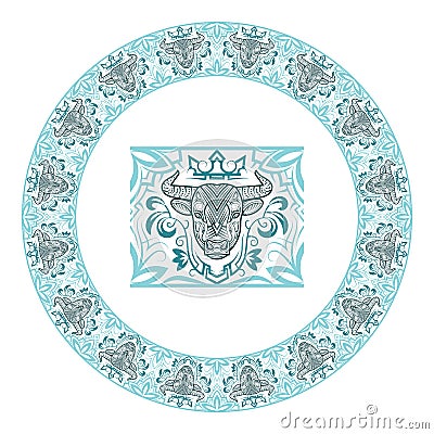 Pattern brush element and round frame with ornamental sacred cow face. Bull head on floral patterned border Vector Illustration