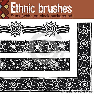 Ethnic brushes. Suns white on black background Vector Illustration