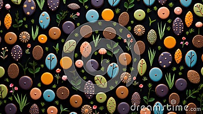 A pattern of a bunch of different colored cookies and flowers, AI Stock Photo