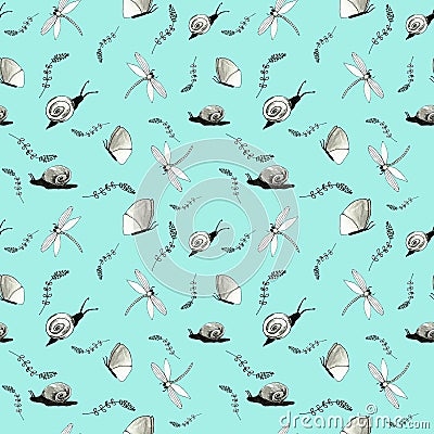 Pattern with butterflies, dragonflies, snails and leaves on a colored background Stock Photo
