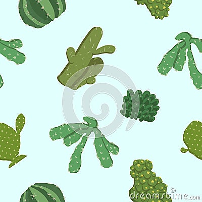 Pattern cacti of different shapes, background seamless illustration. Design element, vector isolated on light blue Vector Illustration