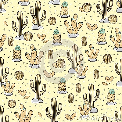 Seamless vector pattern with hand drawn doodle cactuses and succulents. Mexican ornament with spiny cacti Stock Photo