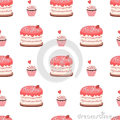 Pattern cake and cupcake with jam decorated for Valentine`s day. Cute hand drawn background. Vector Illustration