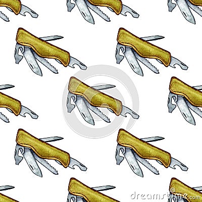 Pattern camping knife watercolor Vector Illustration