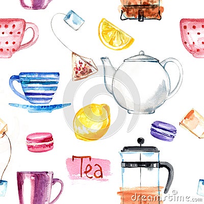 Pattern coffe tea candy painted watercolor. Donuts, macaroon, coffee. seamless pattern food Stock Photo