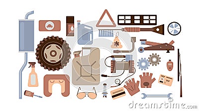 The pattern of car accessories and spare parts is flat design. A discreet palette of colors Vector Illustration