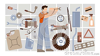 The pattern of car accessories and spare parts has a flat design. Vector Illustration