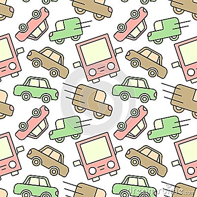 Pattern of cars and buses. Public and personal transport. Sedan, truck, car. Simple drawing for children. Color image Vector Illustration