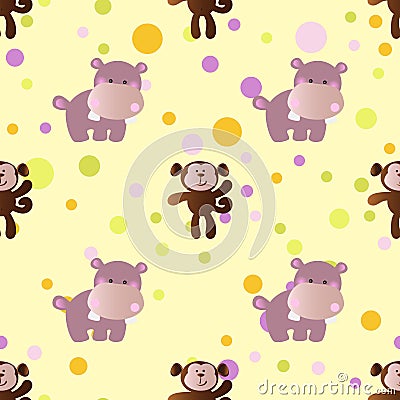 Pattern with cartoon cute baby behemoth and monkey Vector Illustration