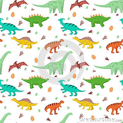 Pattern of cartoon dinosaurs, diplodocus, stegosaurus, pteranodon Vector Illustration