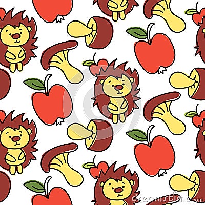 Pattern with cartoon hedgehog, apples, mushrooms in autumn style. Vector image of seamless pattern, endless pattern Vector Illustration
