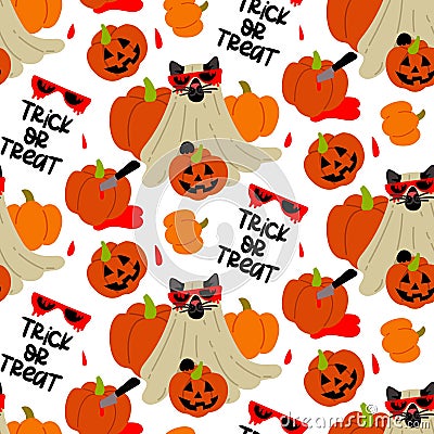 A pattern of a cat in a Halloween sheet with a dead pumpkin and bloody glasses on a white background. A black cat with Vector Illustration