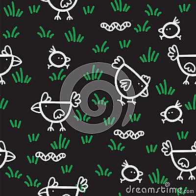 Pattern chickens walking on green grass and pecking worms on black background. Chicken pattern background. Vector Illustration