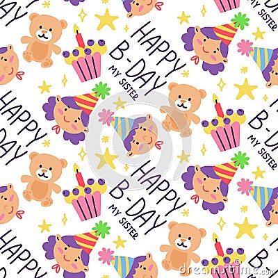 Pattern with children, gifts and the inscription happy birthday sister. A girl, a boy in festive cones with a cupcake, a Vector Illustration