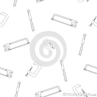 Pattern of chisel, clamp, metal hacksaw. Linear design. On a white background. Tools for any specialist. Flat vector Vector Illustration