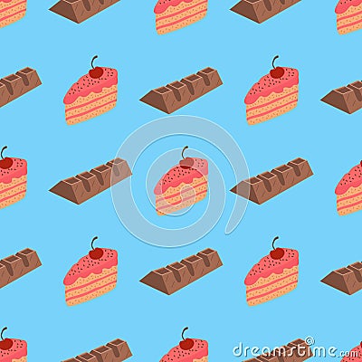 Pattern with chocolate and cake on blue background Vector Illustration