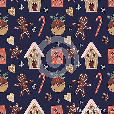 Christmas seamless pattern with gingerbread and gifts, winter design Vector Illustration