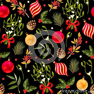 Pattern with Christmas balls and winter flora Vector Illustration