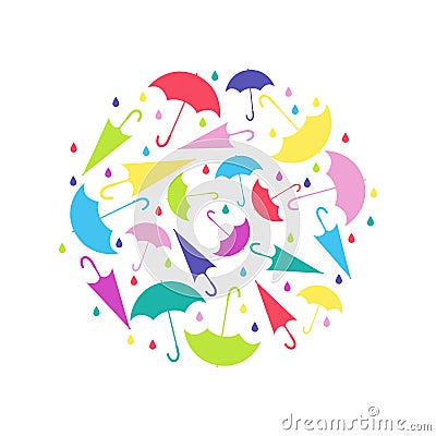 Pattern in circle from umbrellas in different positions on white background. Vector Illustration