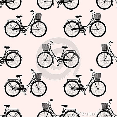 Pattern of classic women bicycle silhouette, ecological sport transport on pink background. vector illustrator Vector Illustration