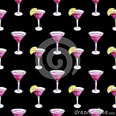 pattern with cocktail cosmopolitan watercolor illustration, alcoholic drink for girls Cartoon Illustration