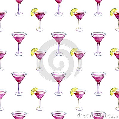 Pattern with cocktail cosmopolitan watercolor illustration, alcoholic drink for girls Cartoon Illustration