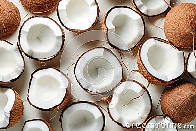 Pattern with coconuts, top view, minimal flat lay. Tropical nuts, abstract background. Open coconut, pastel background, healthy Stock Photo