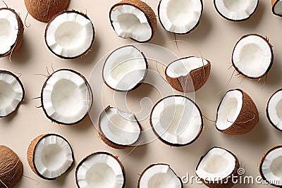 Pattern with coconuts, top view, minimal flat lay. Tropical nuts, abstract background. Open coconut, pastel background, healthy Stock Photo